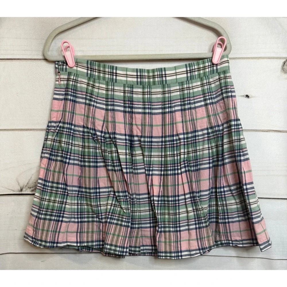 Brooks Brothers Pink Green Plaid Pleated Mini Skirt Women Size 12 Preppy Classic